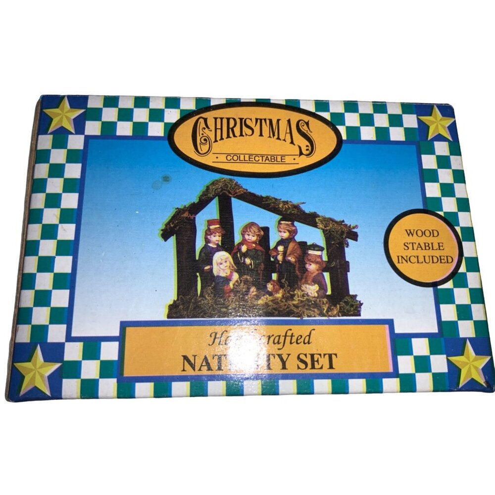 Handcrafted Christmas Collectible Nativity Set With Wooden Stable